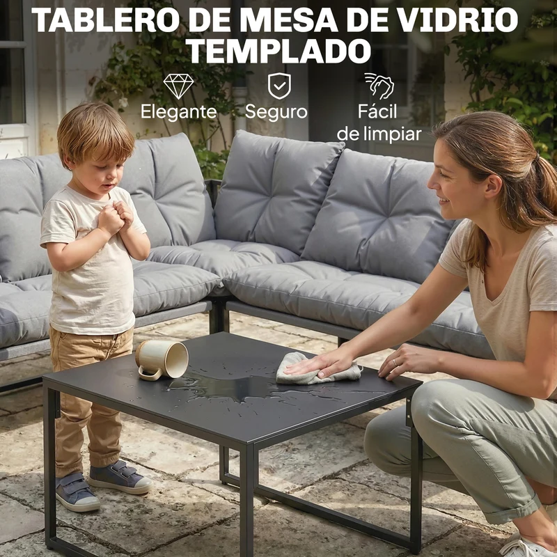 Outsunny Conjunto de Muebles Jardín Exterior de 4 Piezas, Sofá Exterior Seccional Resistente Forma de L con Cojines Gruesos, 2 Sofás de 2 Plazas, Sofá de Esquina y Mesa Centro de Vidrio Templado, Gris