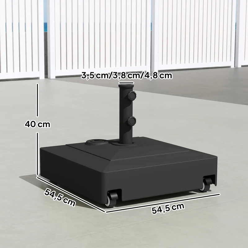 Outsunny Base para Sombrilla Cuadrada con Ruedas, Soporte de Parasol de HDPE, Pie para Sombrilla con Postes Ø35/38/48 mm, Rellenable de Arena 61 kg o Agua 40 kg, para Jardín, Patio, Terraza, Negro
