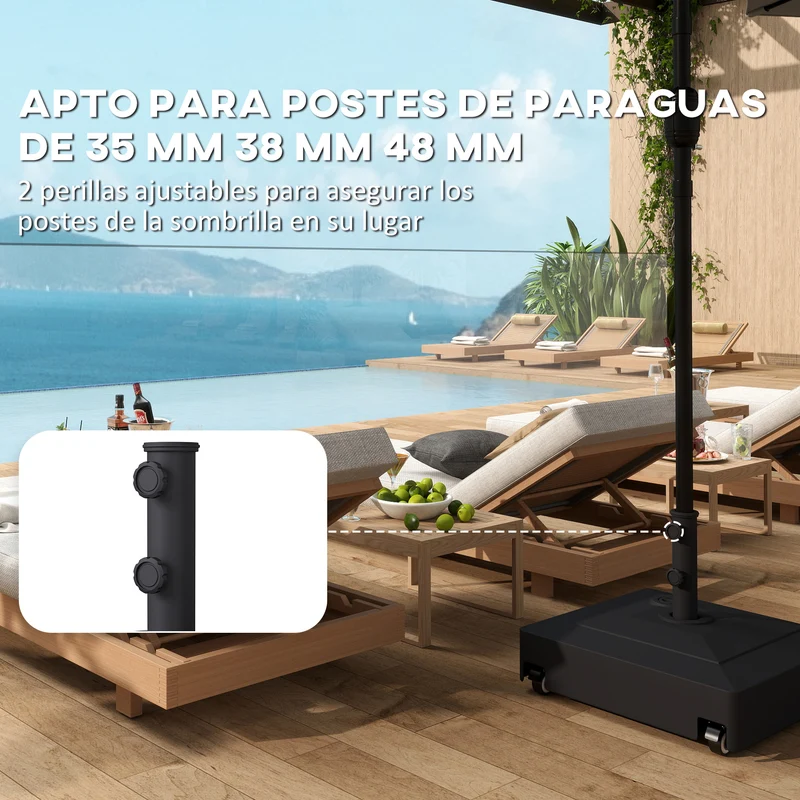 Outsunny Base para Sombrilla Cuadrada con Ruedas, Soporte de Parasol de HDPE, Pie para Sombrilla con Postes Ø35/38/48 mm, Rellenable de Arena 61 kg o Agua 40 kg, para Jardín, Patio, Terraza, Negro