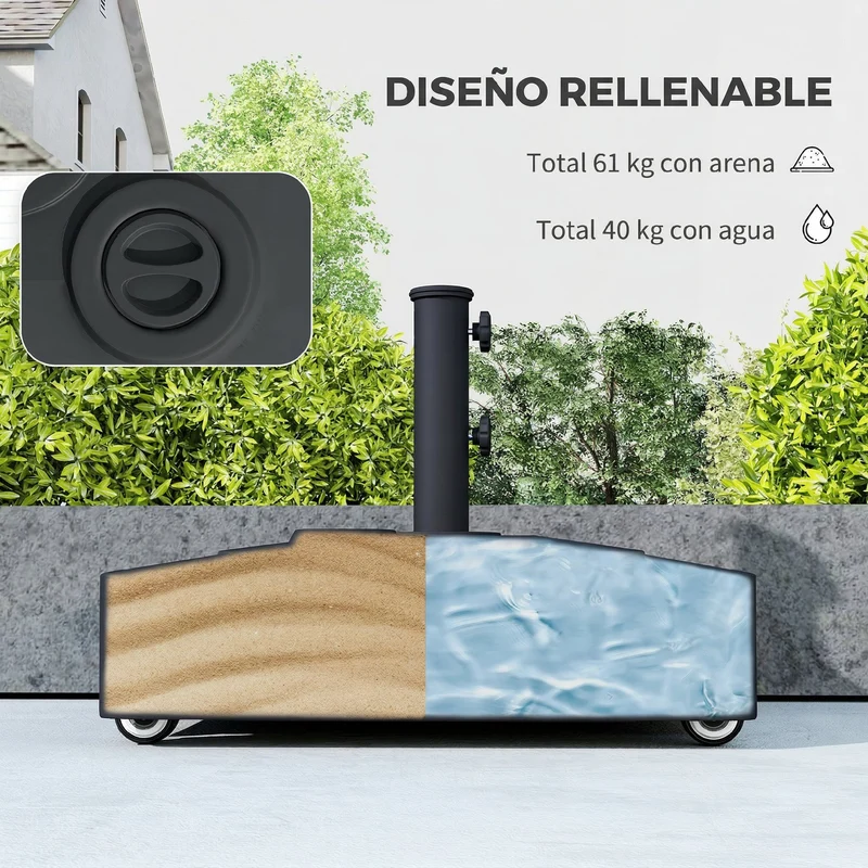 Outsunny Base para Sombrilla Cuadrada con Ruedas, Soporte de Parasol de HDPE, Pie para Sombrilla con Postes Ø35/38/48 mm, Rellenable de Arena 61 kg o Agua 40 kg, para Jardín, Patio, Terraza, Negro