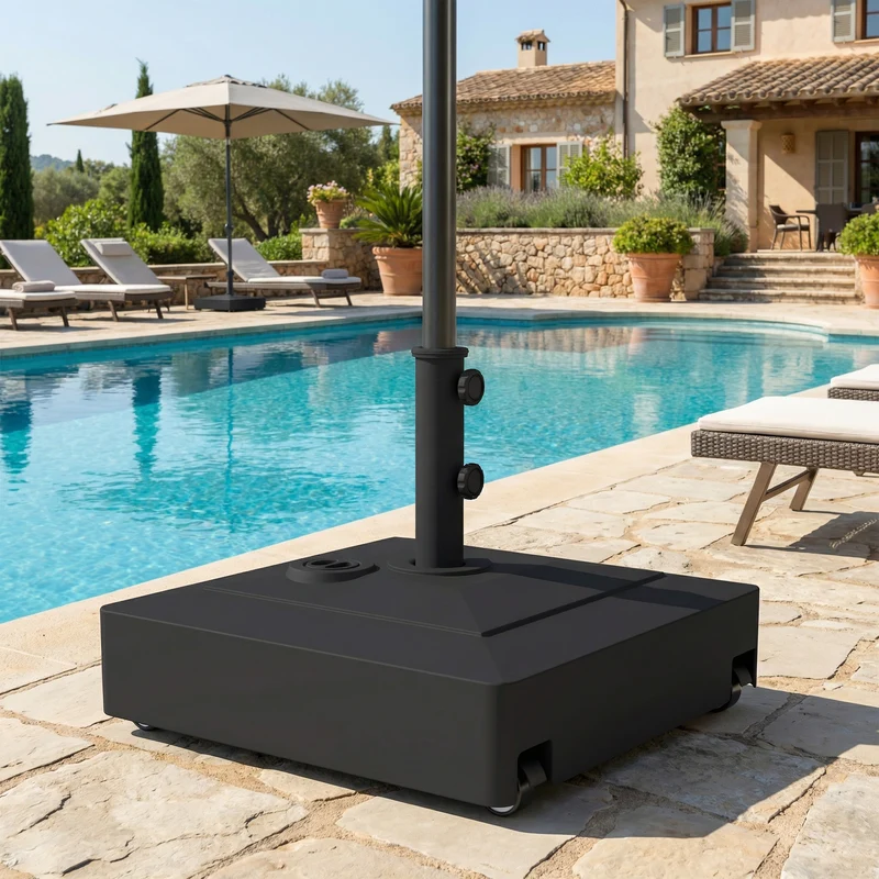 Outsunny Base para Sombrilla Cuadrada con Ruedas, Soporte de Parasol de HDPE, Pie para Sombrilla con Postes Ø35/38/48 mm, Rellenable de Arena 61 kg o Agua 40 kg, para Jardín, Patio, Terraza, Negro