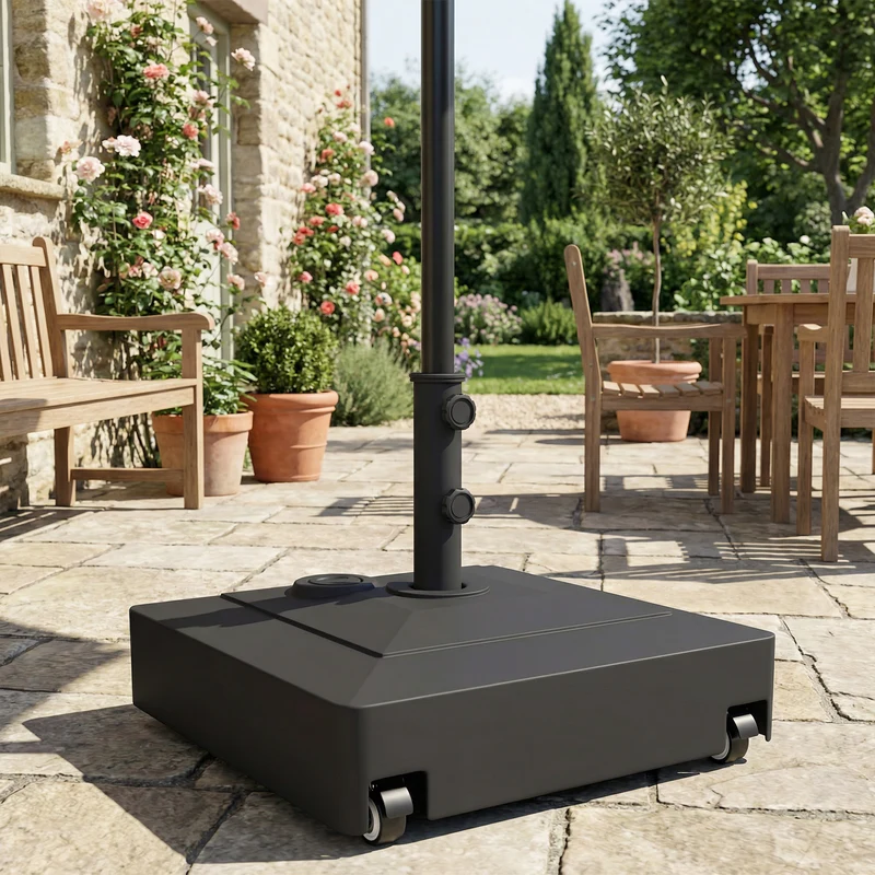 Outsunny Base para Sombrilla Cuadrada con Ruedas, Soporte de Parasol de HDPE, Pie para Sombrilla con Postes Ø35/38/48 mm, Rellenable de Arena 61 kg o Agua 40 kg, para Jardín, Patio, Terraza, Negro