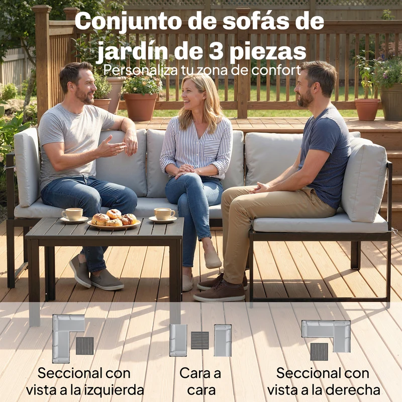 Outsunny Conjunto de Muebles Jardín Exterior de 3 Piezas, Sofá Exterior Seccional Resistente Forma de L con Cojines, 2 Sofás de 2 Plazas, Reposabrazos Ajustables y Mesa Centro de Listones, Gris