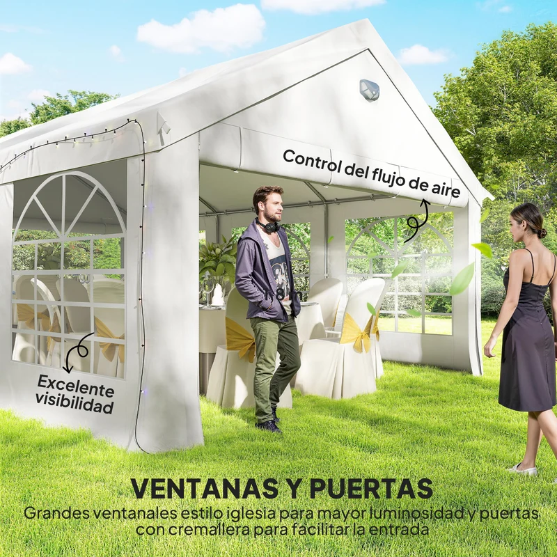 Outsunny Carpa para Fiesta 4x6 m, Carpa de Jardín con Estructura Acero Galvanizado, Paredes Laterales Extraíbles, 2 Puertas con Cremallera, Ventanas, UPF30+, Cenador Gazabo para Boda, Eventos, Blanco