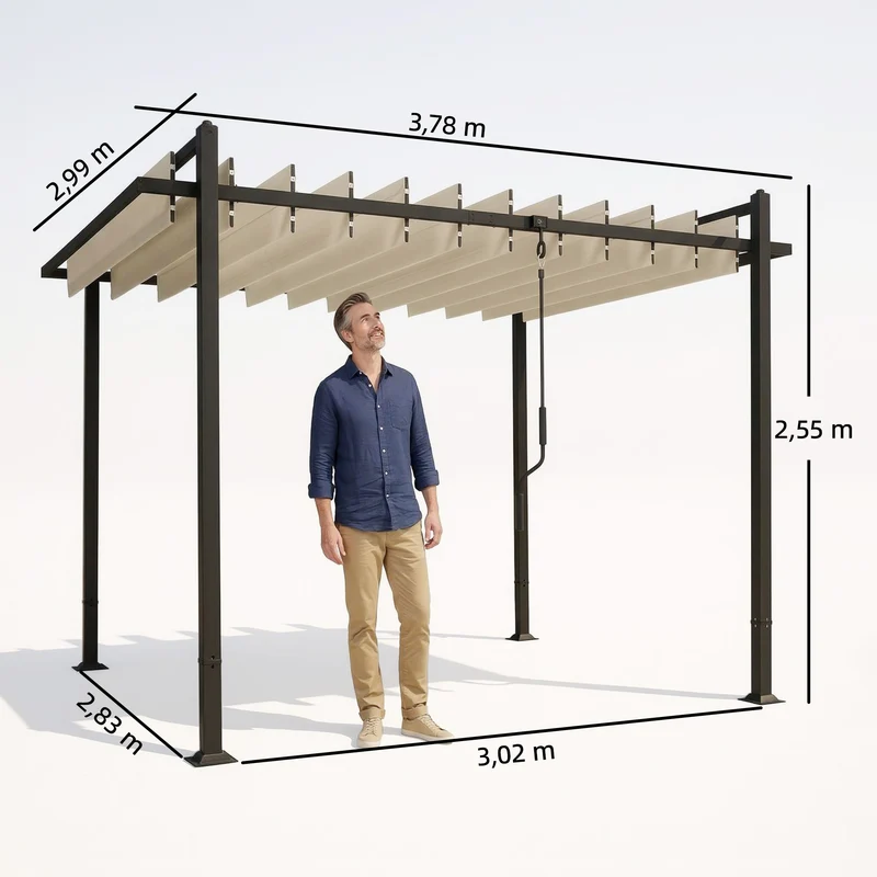 Outsunny Pérgola de Jardín 3x3,8 m, Cenador de Jardín con Techo de Lamas Ajustable a 90°, Manivela, Estructura de Aluminio y Acero, Protección UPF50+, Pabellón para Exterior, Patio, Terraza, Beige
