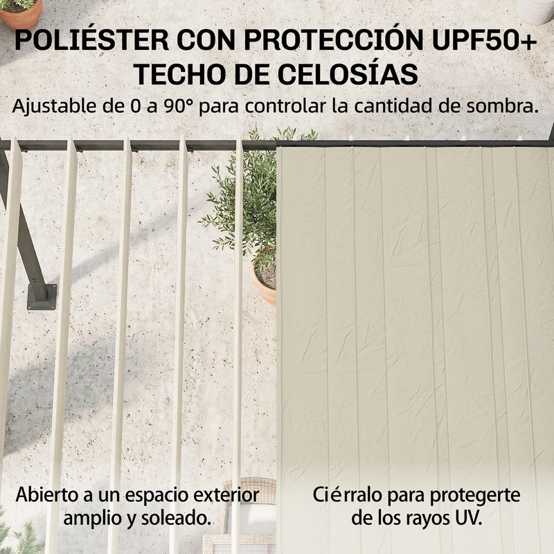 Outsunny Pérgola de Jardín 3x3,8 m, Cenador de Jardín con Techo de Lamas Ajustable a 90°, Manivela, Estructura de Aluminio y Acero, Protección UPF50+, Pabellón para Exterior, Patio, Terraza, Beige