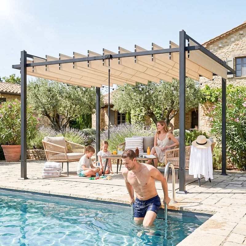 Outsunny Pérgola de Jardín 3x3,8 m, Cenador de Jardín con Techo de Lamas Ajustable a 90°, Manivela, Estructura de Aluminio y Acero, Protección UPF50+, Pabellón para Exterior, Patio, Terraza, Beige