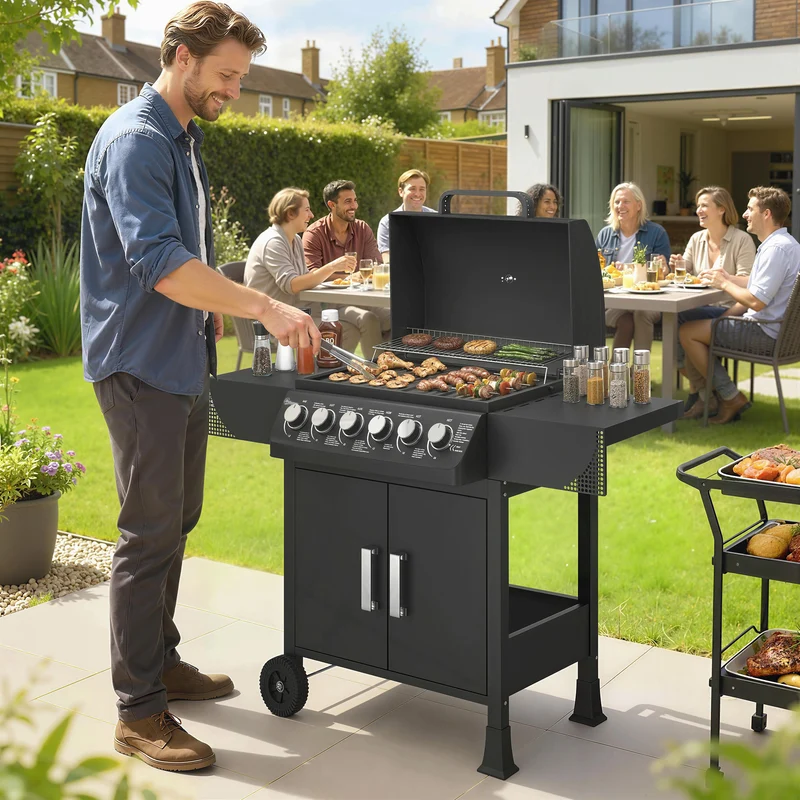 Outsunny Barbacoa de Gas BBQ Gas con 6 Quemadores 15 kW, Barbacoa Portátil con Termómetro, Mesas Laterales, Armario, Rejilla Calentadora, Parrilla, Recogedor de Grasa, 2 Ruedas y Tapa, Negro
