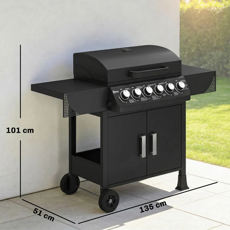Outsunny Barbacoa de Gas BBQ Gas con 6 Quemadores 15 kW, Barbacoa Portátil con Termómetro, Mesas Laterales, Armario, Rejilla Calentadora, Parrilla, Recogedor de Grasa, 2 Ruedas y Tapa, Negro