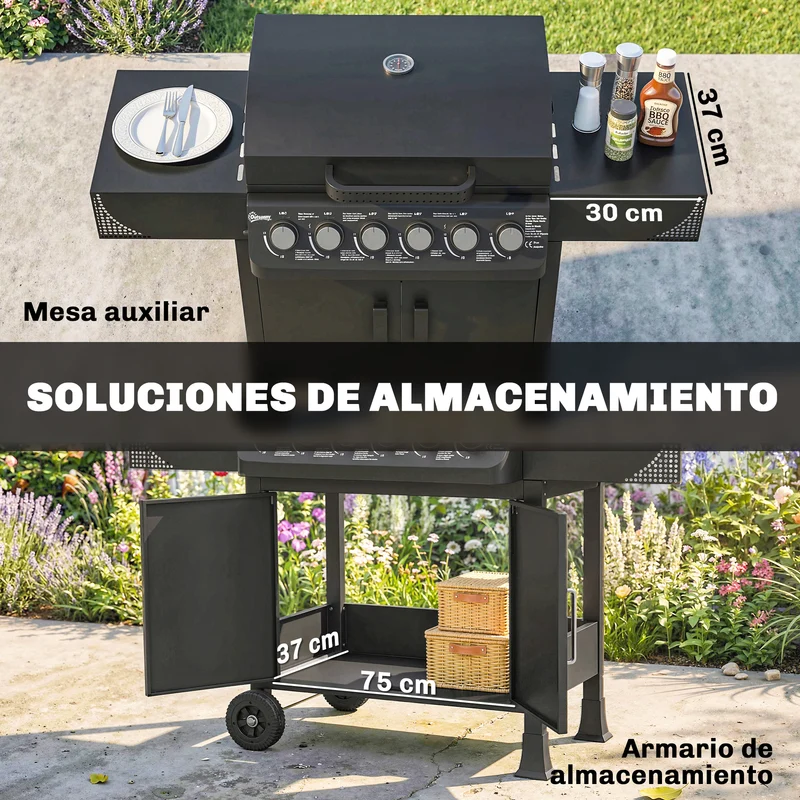 Outsunny Barbacoa de Gas BBQ Gas con 6 Quemadores 15 kW, Barbacoa Portátil con Termómetro, Mesas Laterales, Armario, Rejilla Calentadora, Parrilla, Recogedor de Grasa, 2 Ruedas y Tapa, Negro