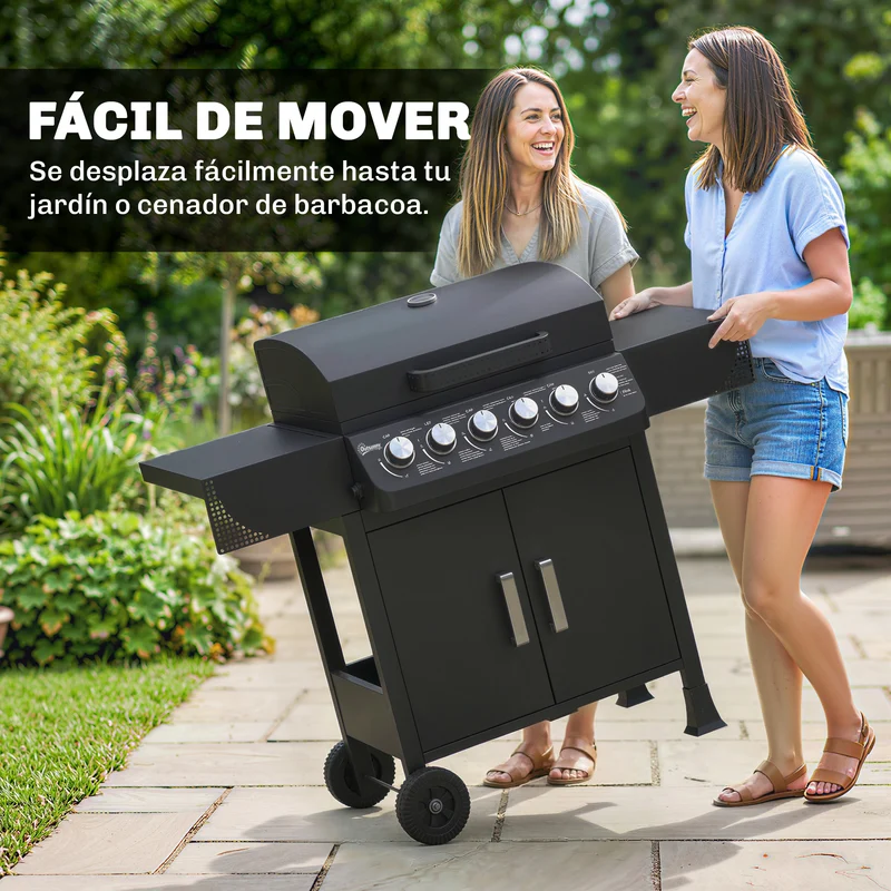 Outsunny Barbacoa de Gas BBQ Gas con 6 Quemadores 15 kW, Barbacoa Portátil con Termómetro, Mesas Laterales, Armario, Rejilla Calentadora, Parrilla, Recogedor de Grasa, 2 Ruedas y Tapa, Negro