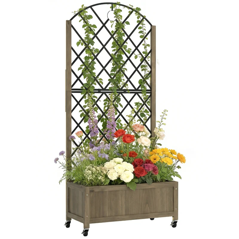 Outsunny Jardinera de Madera con Enrejado Metálico y Ruedas, Jardinera Exterior Grande para Plantas Trepadoras, Macetero Elevado para Patio, Terraza, 72x36x168 cm, Carbonizado
