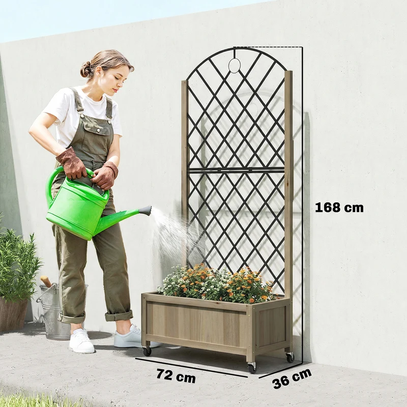 Outsunny Jardinera de Madera con Enrejado Metálico y Ruedas, Jardinera Exterior Grande para Plantas Trepadoras, Macetero Elevado para Patio, Terraza, 72x36x168 cm, Carbonizado