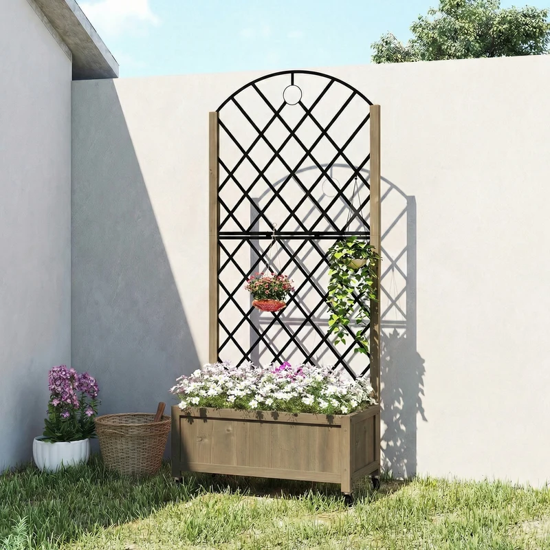 Outsunny Jardinera de Madera con Enrejado Metálico y Ruedas, Jardinera Exterior Grande para Plantas Trepadoras, Macetero Elevado para Patio, Terraza, 72x36x168 cm, Carbonizado