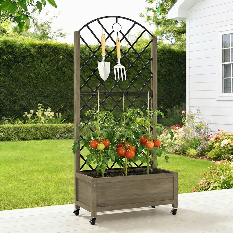 Outsunny Jardinera de Madera con Enrejado Metálico y Ruedas, Jardinera Exterior Grande para Plantas Trepadoras, Macetero Elevado para Patio, Terraza, 72x36x168 cm, Carbonizado