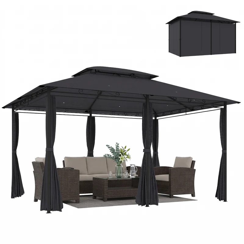 Outsunny Cenador para Jardín 3x4 m, Pabellón de Jardín, Gazebo con Doble Techo, 6 Paredes Laterales, Estructura Metálica, Drenaje, Carpa para Exterior, Terraza, Patio, Gris