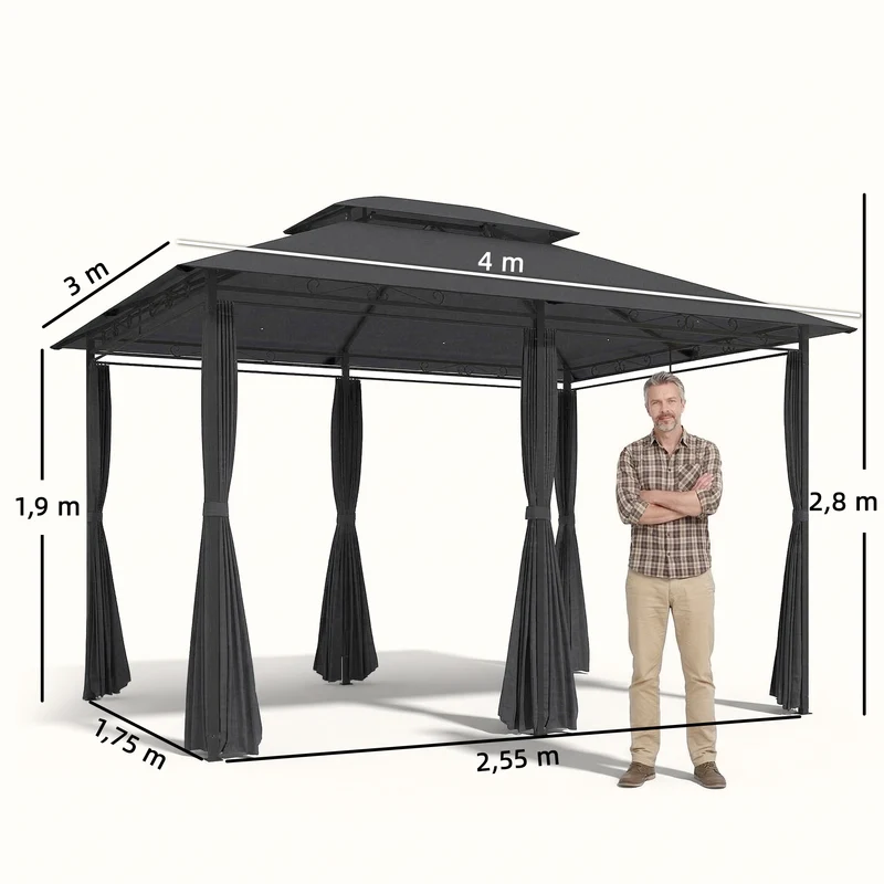 Outsunny Cenador para Jardín 3x4 m, Pabellón de Jardín, Gazebo con Doble Techo, 6 Paredes Laterales, Estructura Metálica, Drenaje, Carpa para Exterior, Terraza, Patio, Gris
