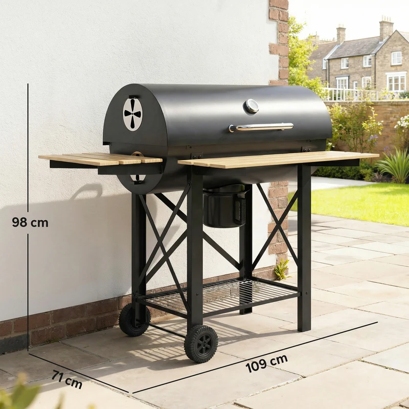 Outsunny Barbacoa de Carbón Portátil, Barbacoa de Carbón Móvil con Estantes Plegables, Termómetro, Tapa, Ventilaciones Ajustables, Recoge Cenizas, Ruedas, Asa, 109x71x98 cm, Negro y Madera Natural