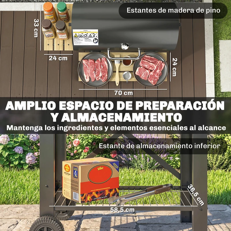 Outsunny Barbacoa de Carbón Portátil, Barbacoa de Carbón Móvil con Estantes Plegables, Termómetro, Tapa, Ventilaciones Ajustables, Recoge Cenizas, Ruedas, Asa, 109x71x98 cm, Negro y Madera Natural