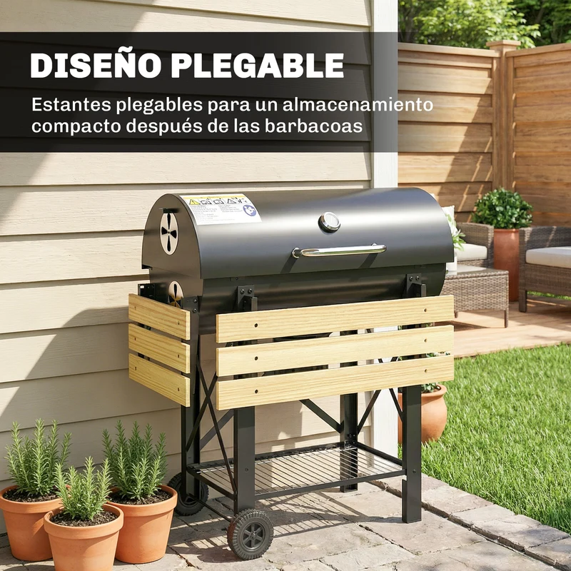 Outsunny Barbacoa de Carbón Portátil, Barbacoa de Carbón Móvil con Estantes Plegables, Termómetro, Tapa, Ventilaciones Ajustables, Recoge Cenizas, Ruedas, Asa, 109x71x98 cm, Negro y Madera Natural