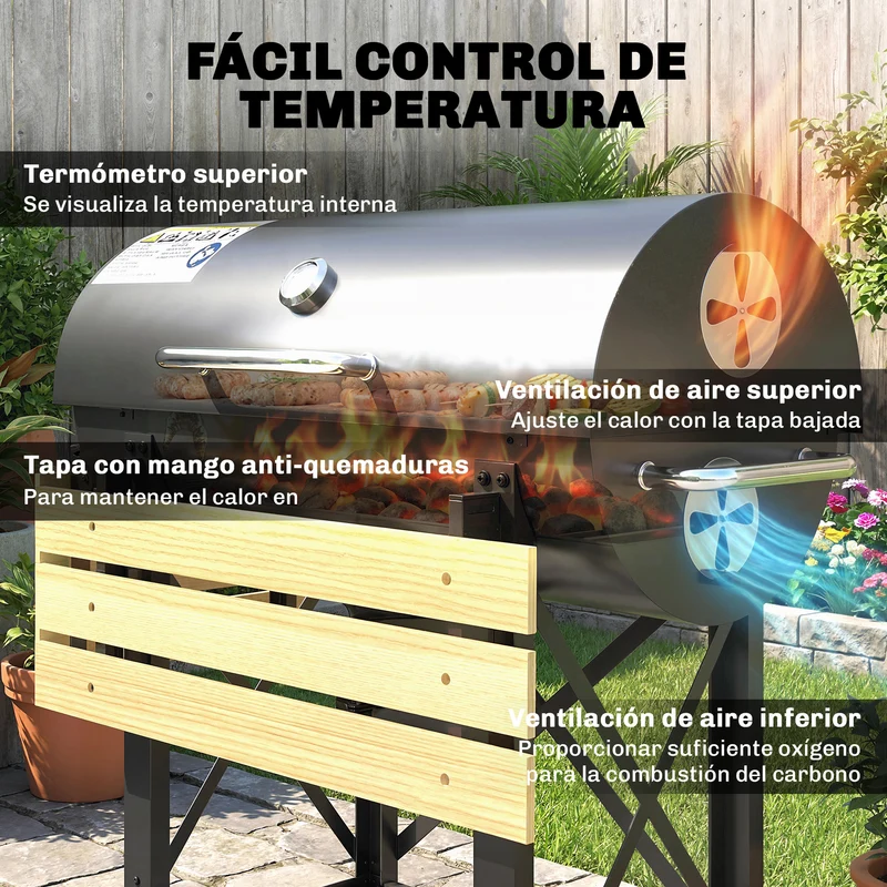 Outsunny Barbacoa de Carbón Portátil, Barbacoa de Carbón Móvil con Estantes Plegables, Termómetro, Tapa, Ventilaciones Ajustables, Recoge Cenizas, Ruedas, Asa, 109x71x98 cm, Negro y Madera Natural
