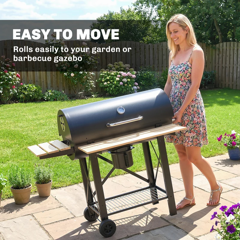 Outsunny Barbacoa de Carbón Portátil, Barbacoa de Carbón Móvil con Estantes Plegables, Termómetro, Tapa, Ventilaciones Ajustables, Recoge Cenizas, Ruedas, Asa, 109x71x98 cm, Negro y Madera Natural