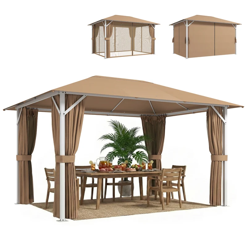 Outsunny Cenador para Jardín 3x4 m, Pabellón de Jardín Gazebo con Techo Ventilado, 4 Paredes Laterales y 4 Mosquiteras, UPF50+, Estructura de Metal, Carpa para Exterior, Terraza, Patio, Caqui