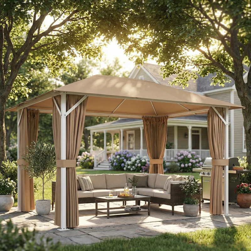 Outsunny Cenador para Jardín 3x4 m, Pabellón de Jardín Gazebo con Techo Ventilado, 4 Paredes Laterales y 4 Mosquiteras, UPF50+, Estructura de Metal, Carpa para Exterior, Terraza, Patio, Caqui
