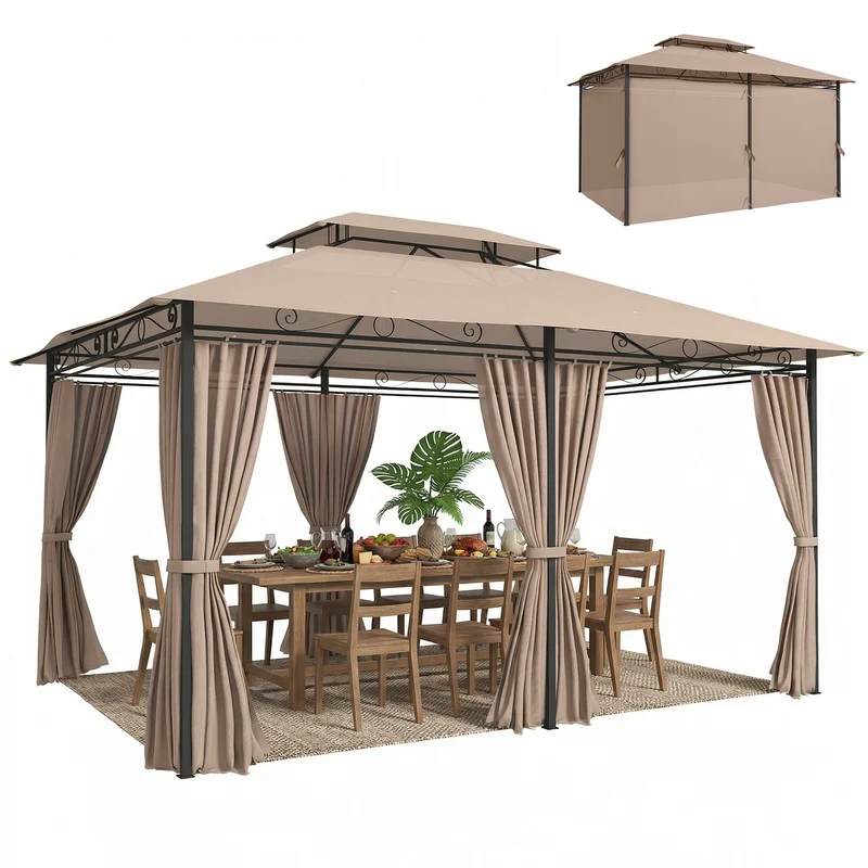Outsunny Cenador para Jardín 3x4 m, Pabellón de Jardín, Gazebo con Doble Techo, 6 Paredes Laterales, Estructura Metálica, Drenaje, Carpa para Exterior, Terraza, Patio, Caqui
