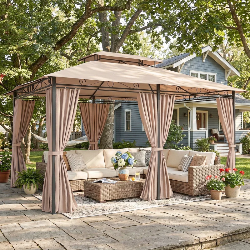 Outsunny Cenador para Jardín 3x4 m, Pabellón de Jardín, Gazebo con Doble Techo, 6 Paredes Laterales, Estructura Metálica, Drenaje, Carpa para Exterior, Terraza, Patio, Caqui