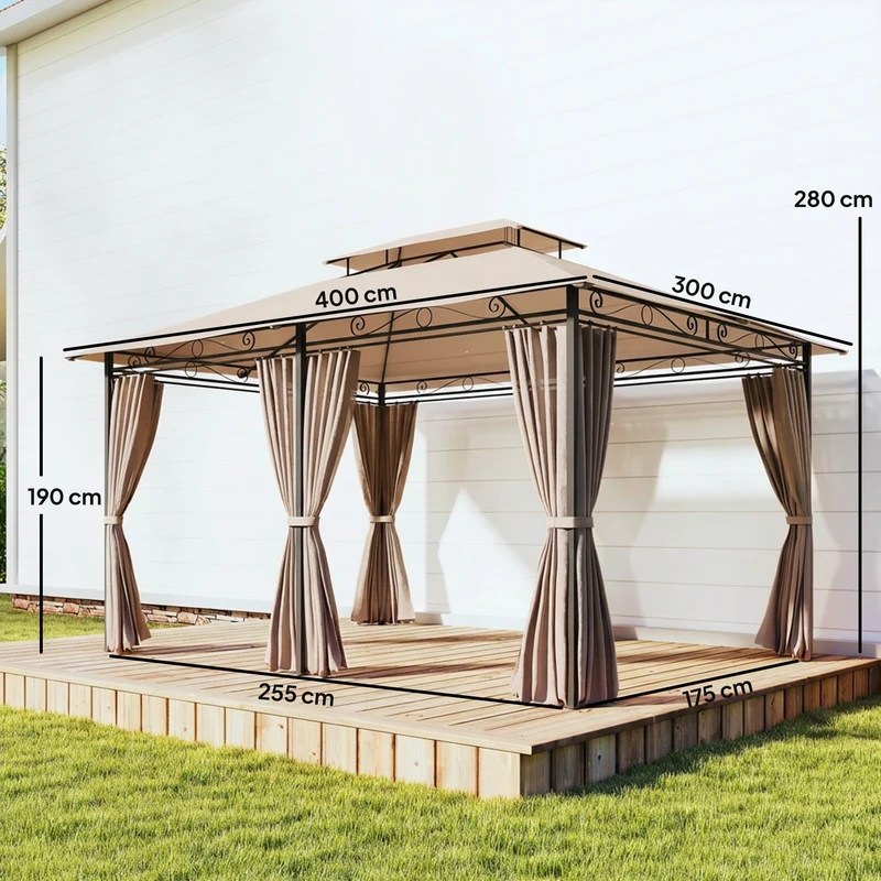 Outsunny Cenador para Jardín 3x4 m, Pabellón de Jardín, Gazebo con Doble Techo, 6 Paredes Laterales, Estructura Metálica, Drenaje, Carpa para Exterior, Terraza, Patio, Caqui