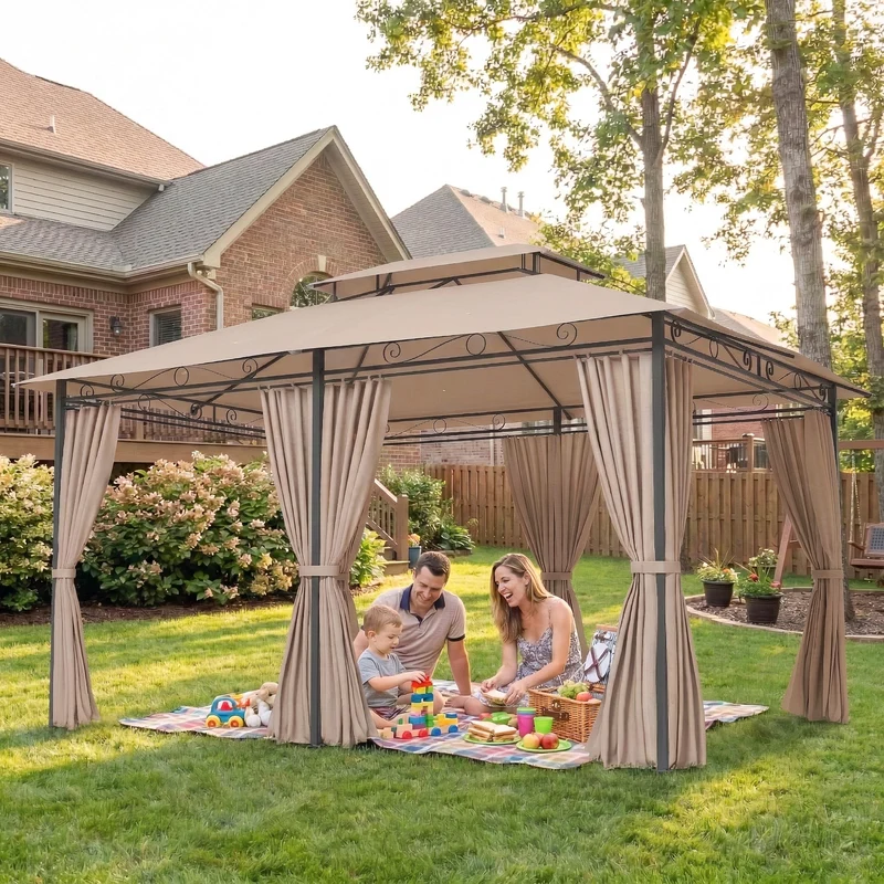 Outsunny Cenador para Jardín 3x4 m, Pabellón de Jardín, Gazebo con Doble Techo, 6 Paredes Laterales, Estructura Metálica, Drenaje, Carpa para Exterior, Terraza, Patio, Caqui