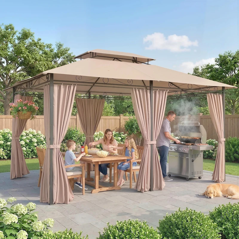 Outsunny Cenador para Jardín 3x4 m, Pabellón de Jardín, Gazebo con Doble Techo, 6 Paredes Laterales, Estructura Metálica, Drenaje, Carpa para Exterior, Terraza, Patio, Caqui