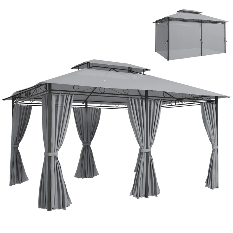 Outsunny Cenador para Jardín 3x4 m, Pabellón de Jardín, Gazebo con Doble Techo, 6 Paredes Laterales, Estructura Metálica, Drenaje, Carpa para Exterior, Terraza, Patio, Gris Oscuro