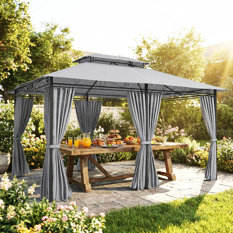 Outsunny Cenador para Jardín 3x4 m, Pabellón de Jardín, Gazebo con Doble Techo, 6 Paredes Laterales, Estructura Metálica, Drenaje, Carpa para Exterior, Terraza, Patio, Gris Oscuro