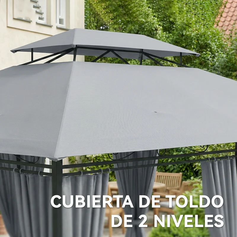 Outsunny Cenador para Jardín 3x4 m, Pabellón de Jardín, Gazebo con Doble Techo, 6 Paredes Laterales, Estructura Metálica, Drenaje, Carpa para Exterior, Terraza, Patio, Gris Oscuro