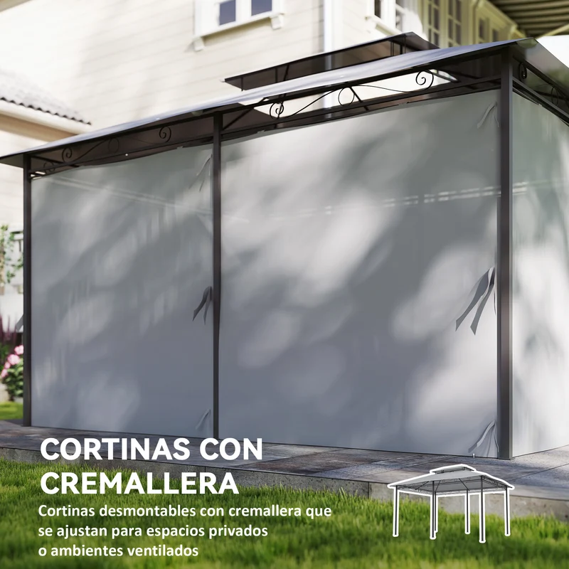 Outsunny Cenador para Jardín 3x4 m, Pabellón de Jardín, Gazebo con Doble Techo, 6 Paredes Laterales, Estructura Metálica, Drenaje, Carpa para Exterior, Terraza, Patio, Gris Oscuro