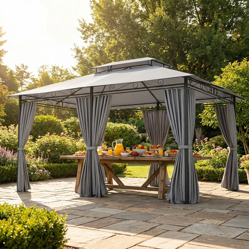 Outsunny Cenador para Jardín 3x4 m, Pabellón de Jardín, Gazebo con Doble Techo, 6 Paredes Laterales, Estructura Metálica, Drenaje, Carpa para Exterior, Terraza, Patio, Gris Oscuro