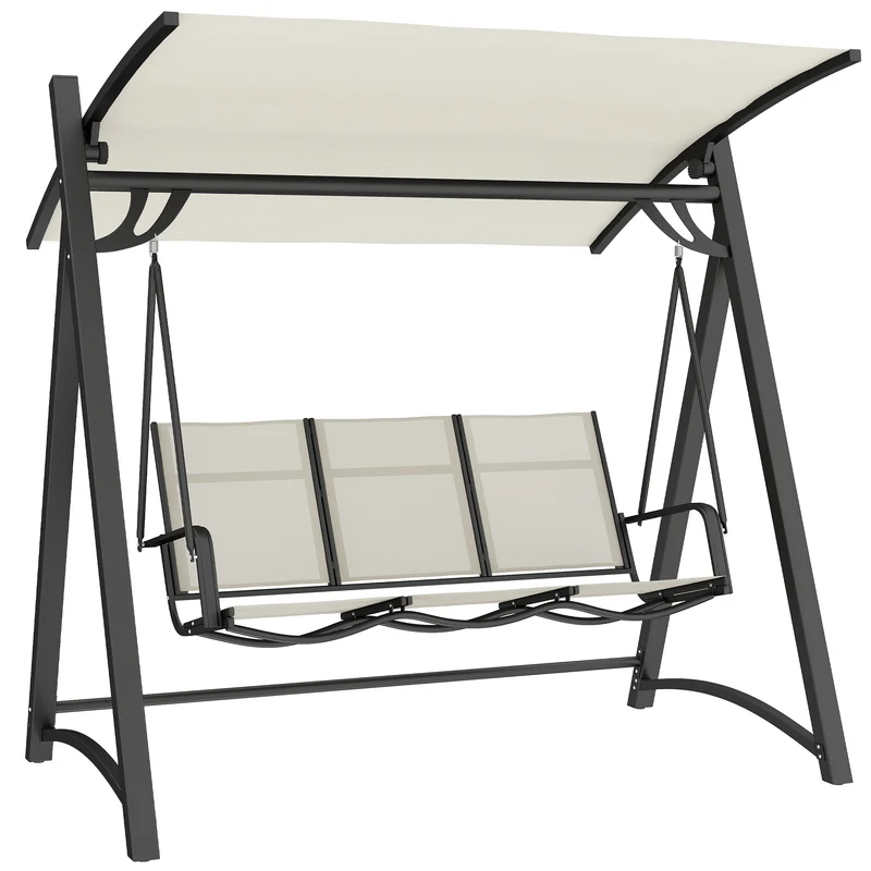 Outsunny Columpio de Jardín de 3 Plazas, Balancín de Jardín Exterior con Techo Ajustable, UPF50+, Asiento Transpirable y Marco de Metal, para Patio, Terraza, Carga 360 kg, 188x130x183 cm, Blanco Crema