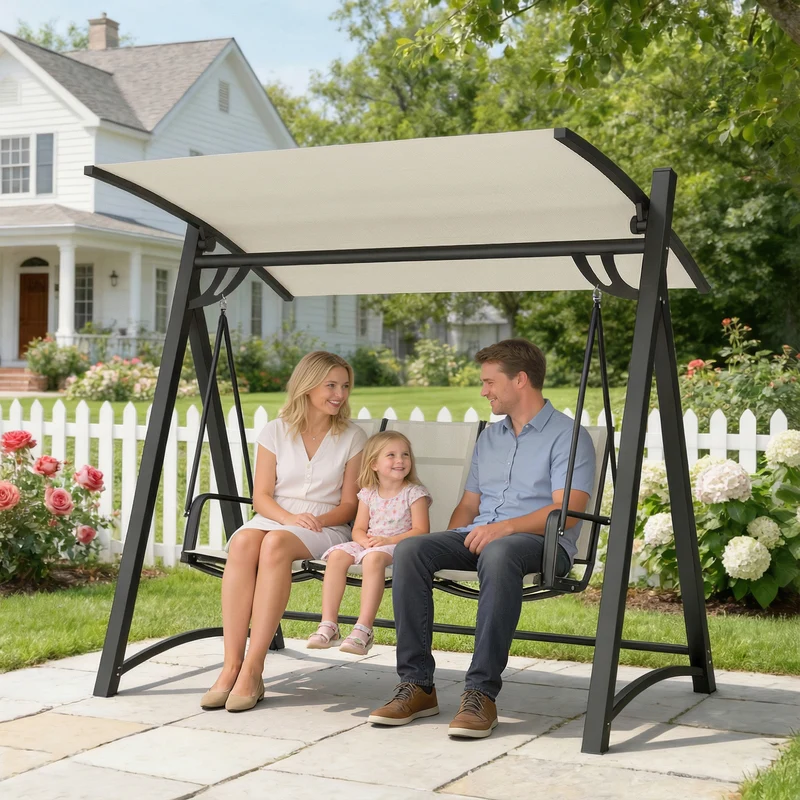 Outsunny Columpio de Jardín de 3 Plazas, Balancín de Jardín Exterior con Techo Ajustable, UPF50+, Asiento Transpirable y Marco de Metal, para Patio, Terraza, Carga 360 kg, 188x130x183 cm, Blanco Crema
