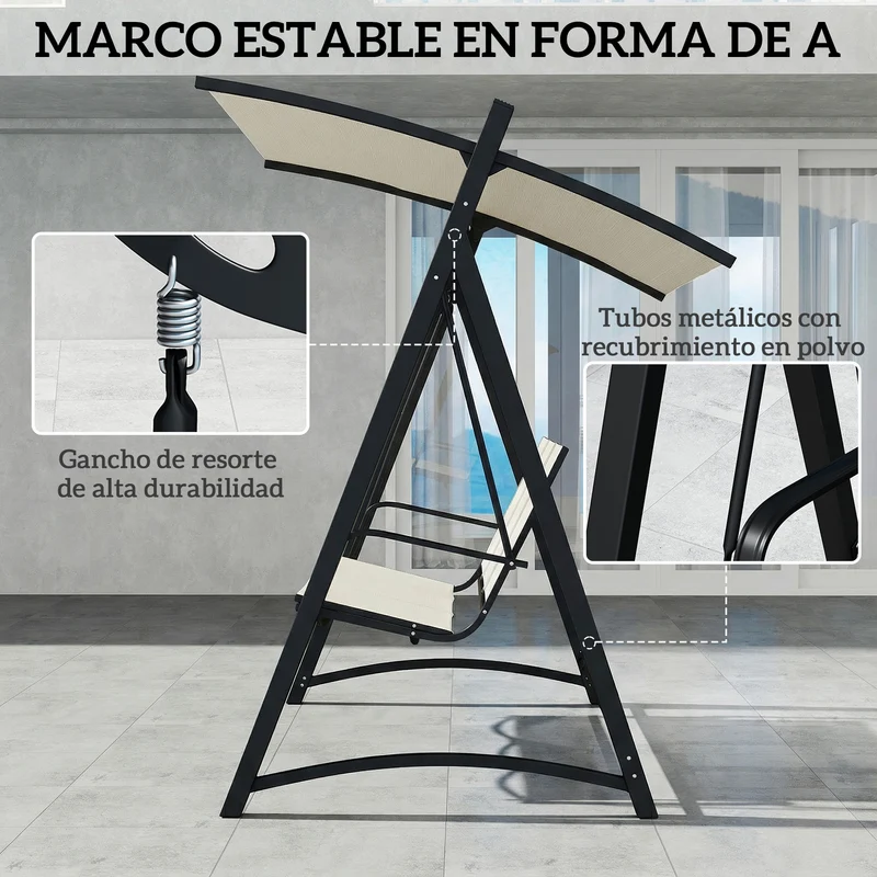 Outsunny Columpio de Jardín de 3 Plazas, Balancín de Jardín Exterior con Techo Ajustable, UPF50+, Asiento Transpirable y Marco de Metal, para Patio, Terraza, Carga 360 kg, 188x130x183 cm, Blanco Crema