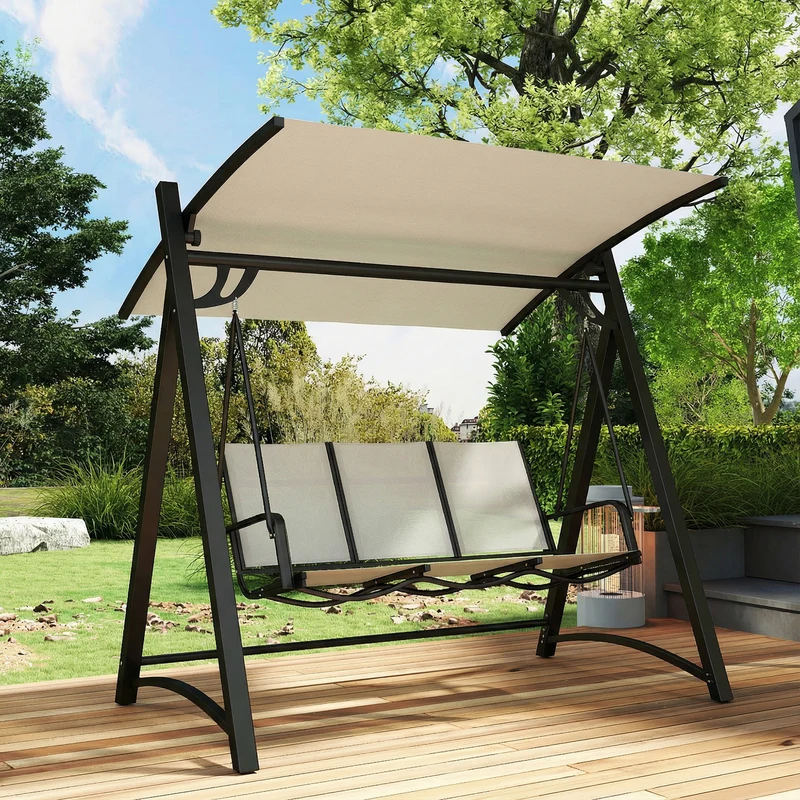Outsunny Columpio de Jardín de 3 Plazas, Balancín de Jardín Exterior con Techo Ajustable, UPF50+, Asiento Transpirable y Marco de Metal, para Patio, Terraza, Carga 360 kg, 188x130x183 cm, Blanco Crema