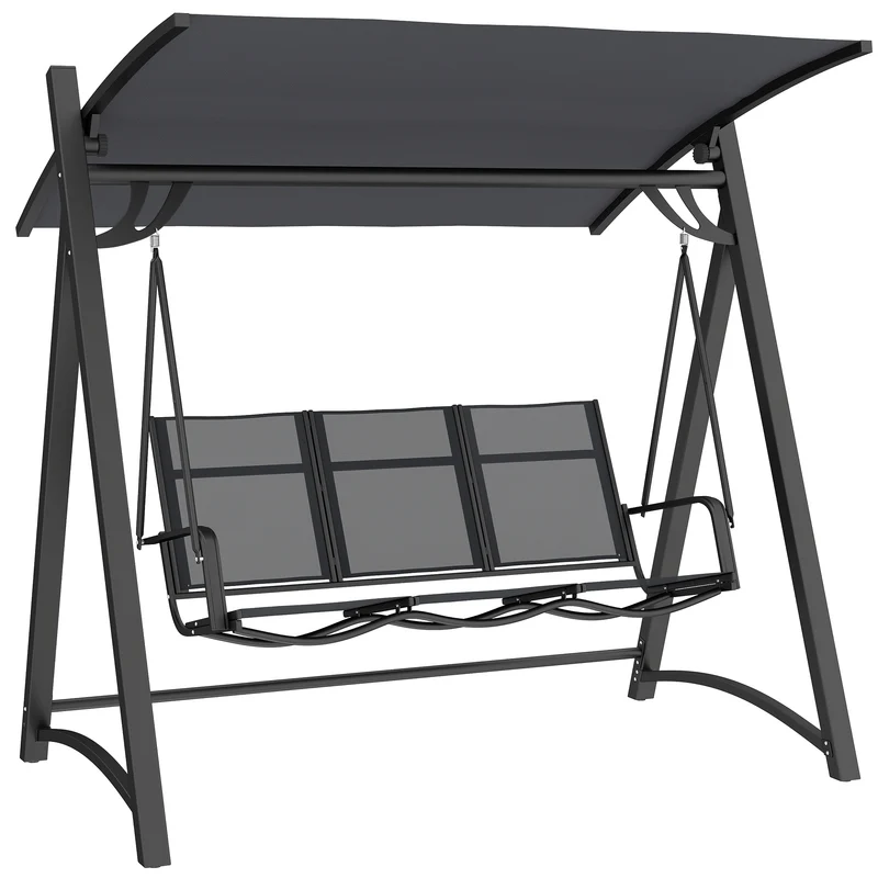 Outsunny Columpio de Jardín de 3 Plazas, Balancín de Jardín Exterior con Techo Ajustable, UPF50+, Asiento Transpirable y Marco de Metal, para Patio, Terraza, Carga 360 kg, 188x130x183 cm, Gris