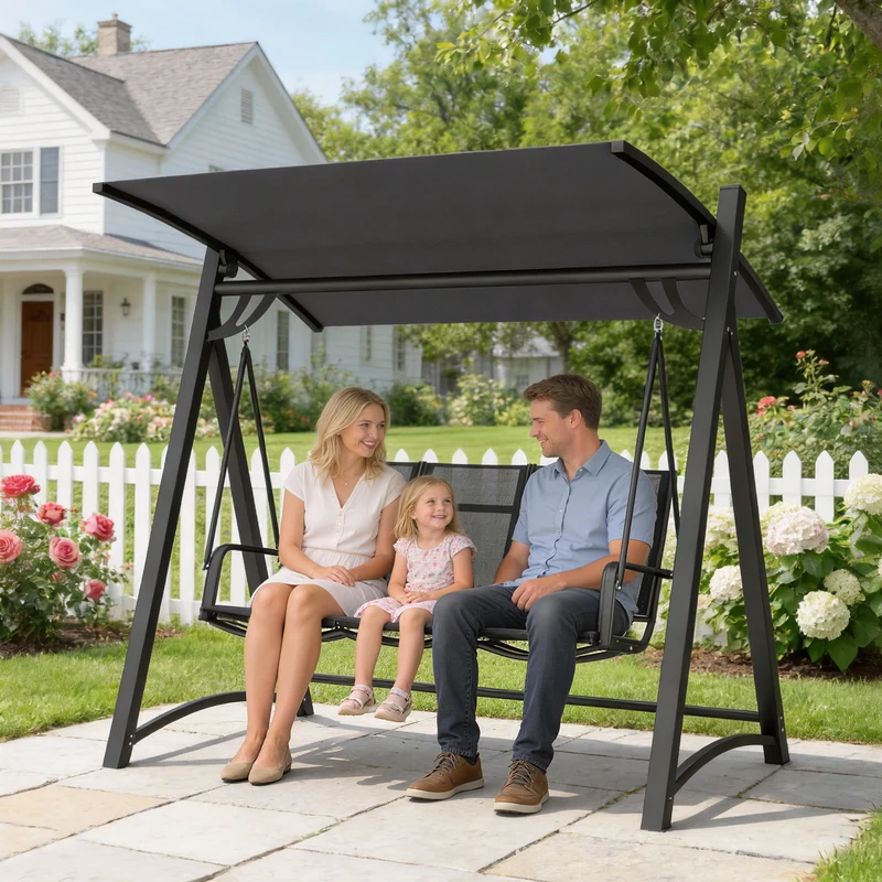 Outsunny Columpio de Jardín de 3 Plazas, Balancín de Jardín Exterior con Techo Ajustable, UPF50+, Asiento Transpirable y Marco de Metal, para Patio, Terraza, Carga 360 kg, 188x130x183 cm, Gris
