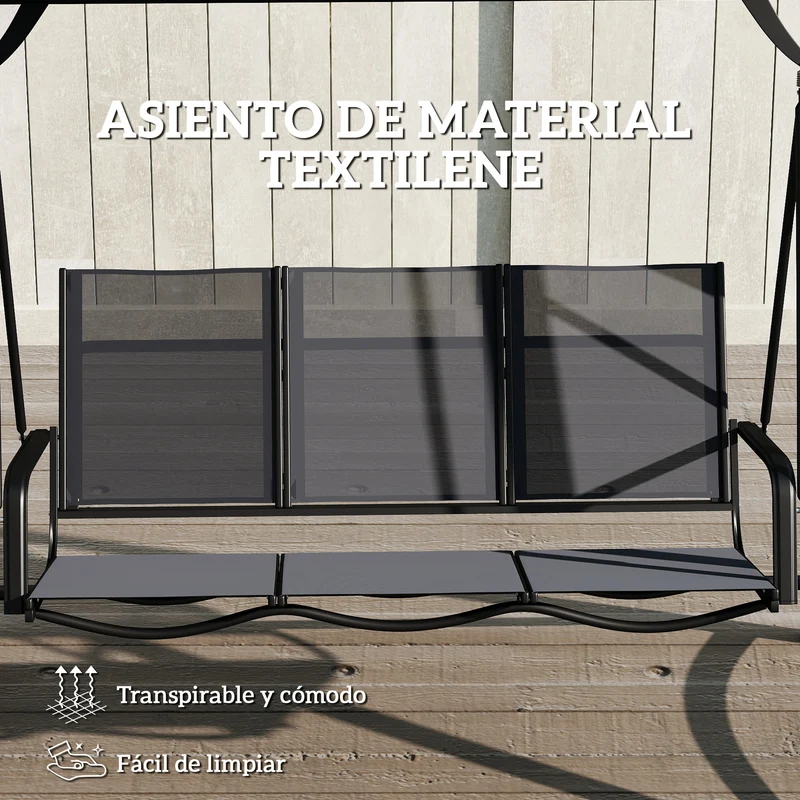 Outsunny Columpio de Jardín de 3 Plazas, Balancín de Jardín Exterior con Techo Ajustable, UPF50+, Asiento Transpirable y Marco de Metal, para Patio, Terraza, Carga 360 kg, 188x130x183 cm, Gris