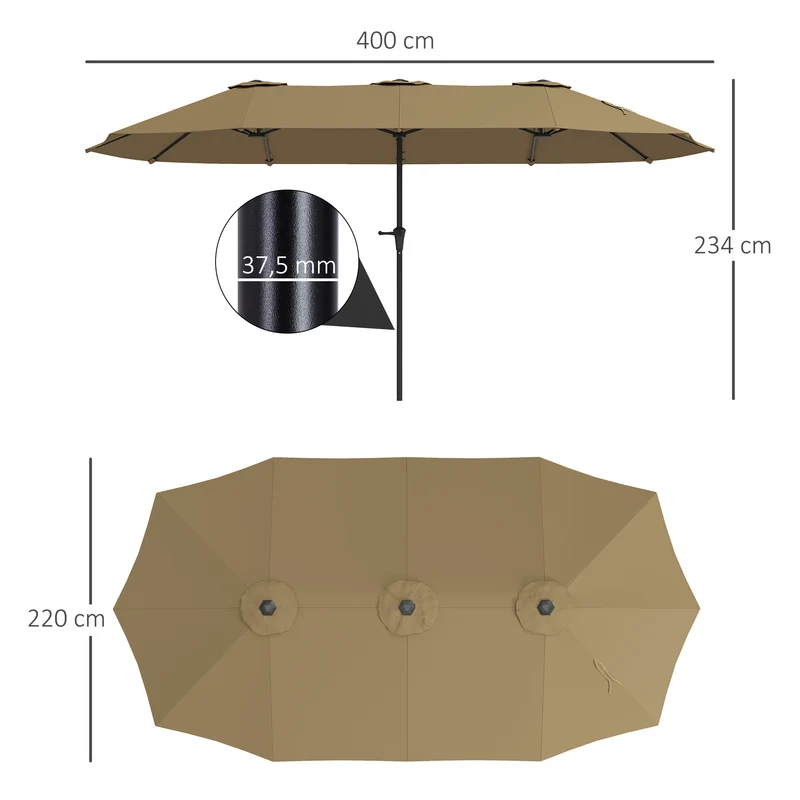 Outsunny Sombrilla Doble 4x2,2 m Sombrilla Terraza Exterior con Manivela Manual Impermeable y Protección UV30+ Parasol Grande para Terraza Playa Piscina Café