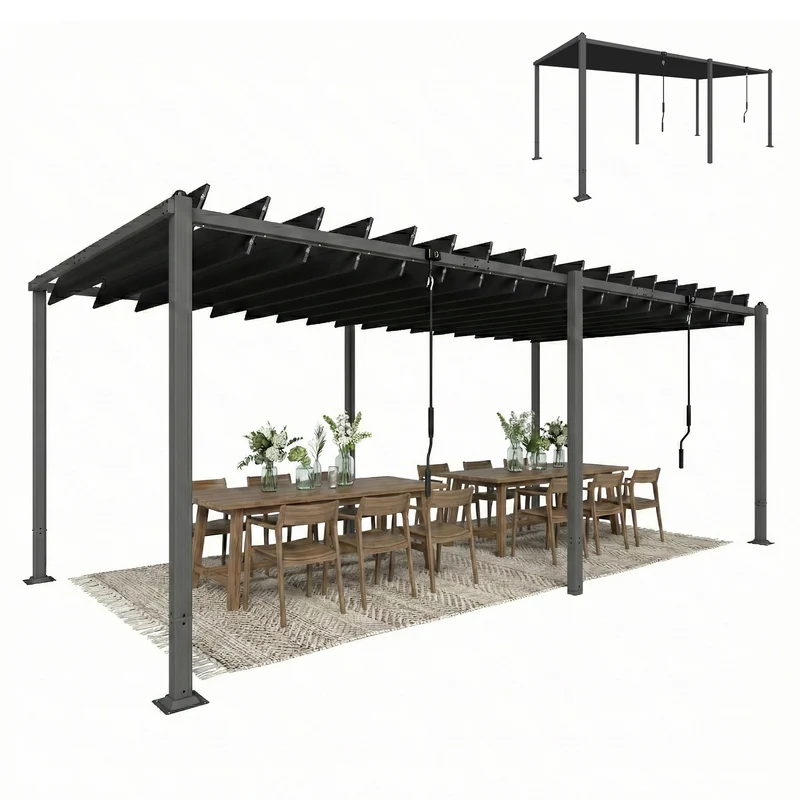 Outsunny Pérgola de Jardín 3x5,7 m, Cenador de Jardín con Techo de Lamas Ajustable a 90°, Manivela, Estructura de Aluminio, Protección UPF50+, Pabellón para Exterior, Patio, Terraza, Gris Oscuro