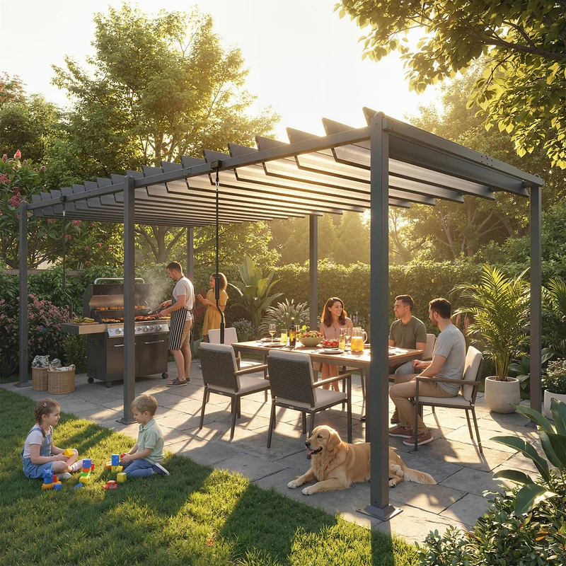 Outsunny Pérgola de Jardín 3x5,7 m, Cenador de Jardín con Techo de Lamas Ajustable a 90°, Manivela, Estructura de Aluminio, Protección UPF50+, Pabellón para Exterior, Patio, Terraza, Gris Oscuro