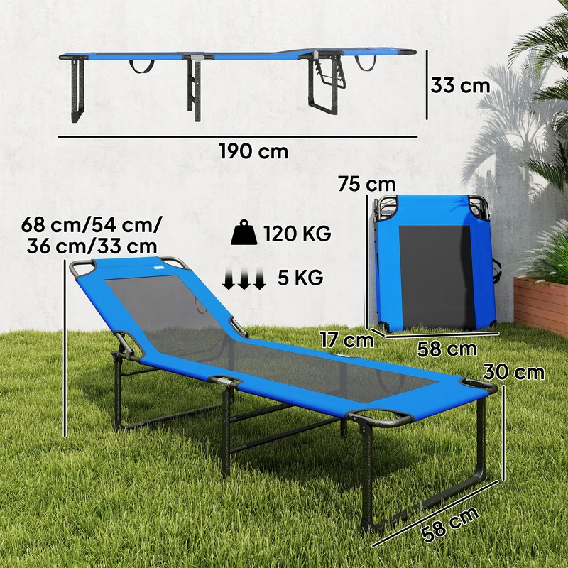 Outsunny Tumbona Plegable, Tumbona Jardín Exterior con Respaldo Ajustable en 4 Posiciones, Asas de Transporte y Respaldo de Textilene, Carga 120 kg, para Terraza, Piscina, Playa, 175x58x68 cm, Azul
