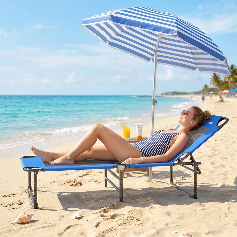 Outsunny Tumbona Plegable, Tumbona Jardín Exterior con Respaldo Ajustable en 4 Posiciones, Asas de Transporte y Respaldo de Textilene, Carga 120 kg, para Terraza, Piscina, Playa, 175x58x68 cm, Azul
